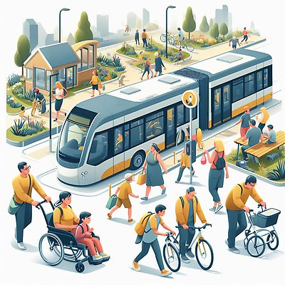 Gatubild med tåg, cyklister, personer som går och använder rullstol. Illustration.