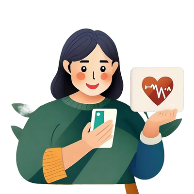 Person som håller i ett hjärta med en graf samt en mobiltelefon. Illustration.